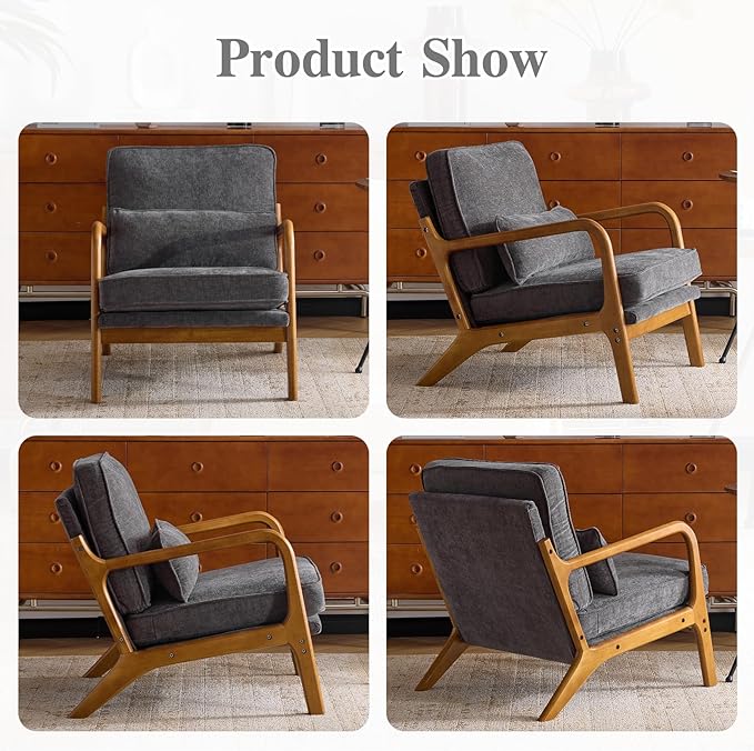 Karl home Mid Century Modern Accent Chair with Lumbar Pillow &amp Oak Arms – Plush Chenille Living Room Chair for Bedroom Lounge (Gray)