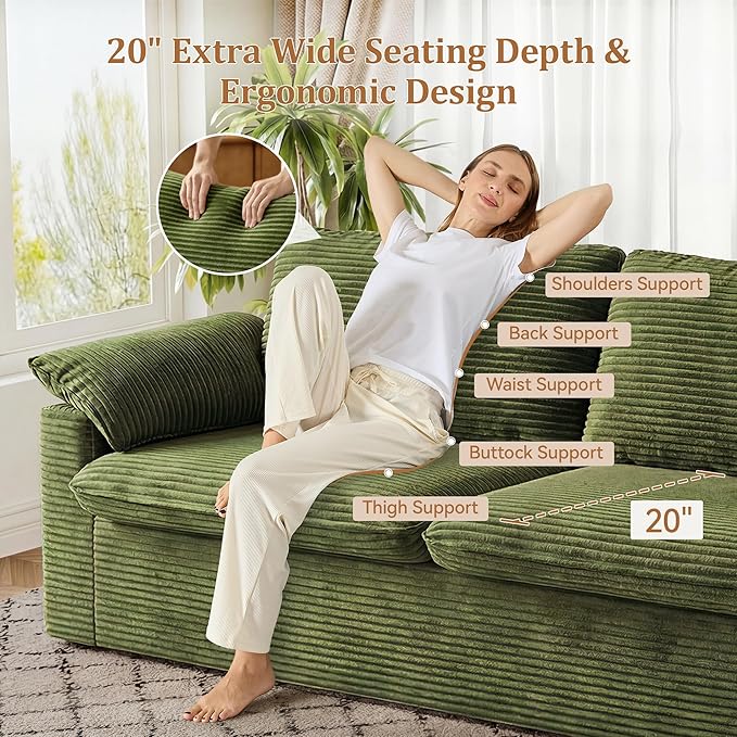 WEUP 86 Loveseat Sofa Green Corduroy Couches for Living RoomMid Century Modern Love SeatSuper Comfy Cloud SofasDeep SeatWide ArmrestSturdy Frame for Bedroom Apartment Office | Breathable Fabr