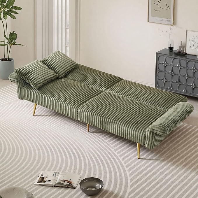 Rovibek Futon Sofa Bed Convertible Futon Couch Bed with Adjustable Backrest 2 Pillows Corduroy Loveseat Futon for Small Spaces Living Room Apartment Office Green