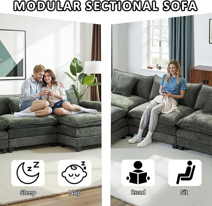 Gexpusm Modular Sectional Sofa108 L Shaped Modular Cloud Couch Sectional with Deep SeatSofas with ChaiseCouches with Ottoman for Living Room BedroomChenille Oversized Sleeper Sofa (Green)