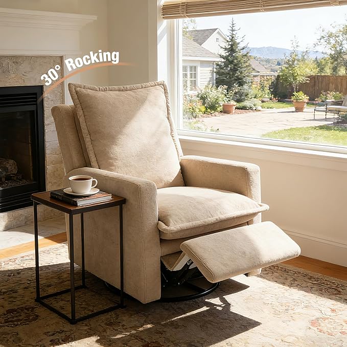 Euthymia Swivel Rocking Chair Nursery High Back Glider Rocker Recliner Chair for Small Spaces Manual Reclining Sofa for Living Room Bedroom Beige
