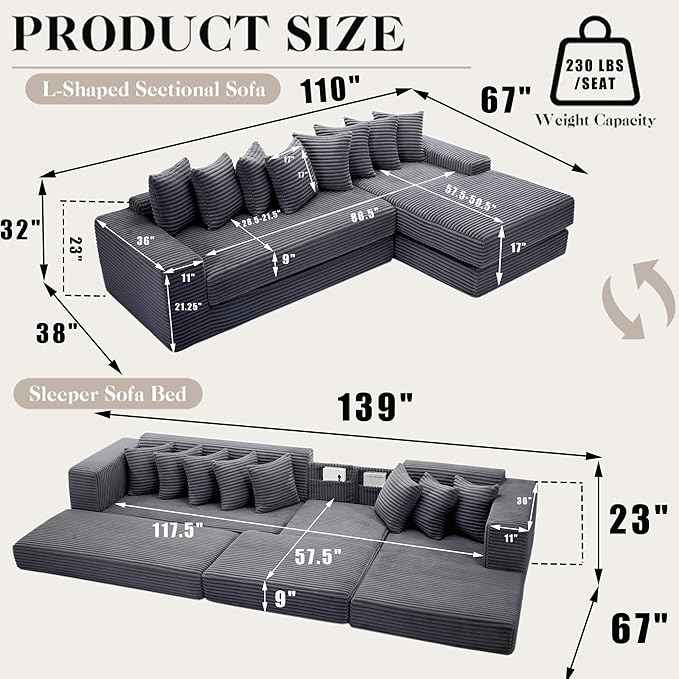L Shaped Modular Cloud Couch with 8 Pillows Modern Corduroy Boneless Sectional Sofa with Large Chaise for Living Room Office Studio Flat Right Facing Chaise Compressed Sofa (Dark Grey)