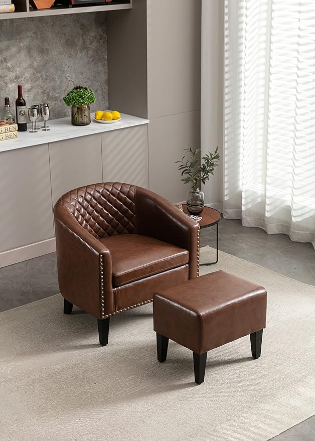 Accent Chair with Ottoman Mid Century Modern Barrel Chair Upholstered Club Tub Round Arms Chair for Living Room