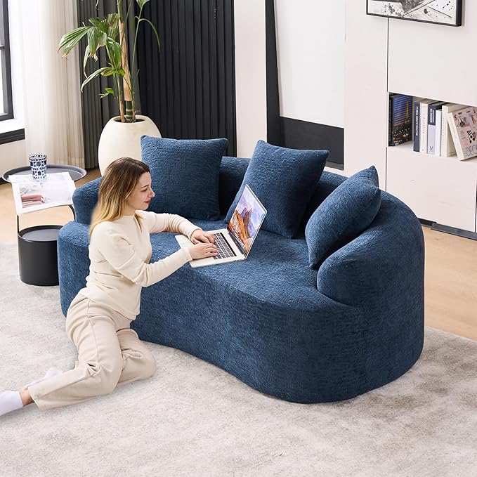 65 Curved Loveseat for Small SpacesBoneless Loveseat SofaWood Grain Chenille Fabric No Installation Requirement Curved Sofa Couch for ApartmentLiving RoomOffice (Blue 65)