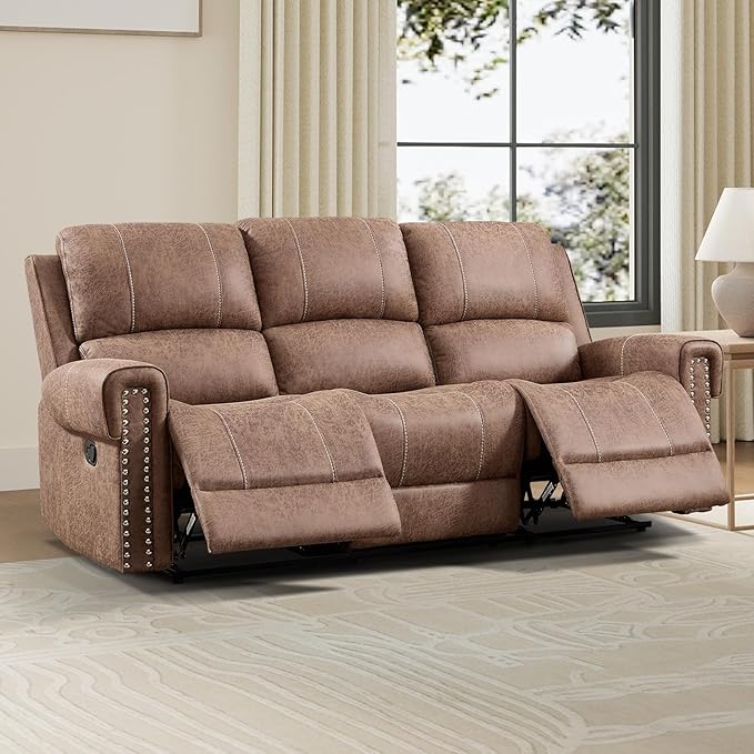 EBELLO Manual Reclining Sofa for Living Room Faux Leather 3 Seater Overstuffed Reclining Couch Chair Vintage Rivet Mid-Century Modern Design Furniture for Living Room Meeting Room Brown