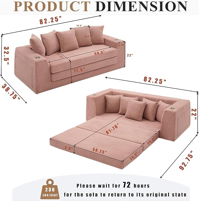 KEIKI 82 Corduroy Modular Sectional Sofa Bed with 5 Pillows &amp 2 Side Pocket &amp 2 Cup Holders Convertible 3-Seater Sleeper Couch with Memory Foam Cushion No Assembly Required for Living Room