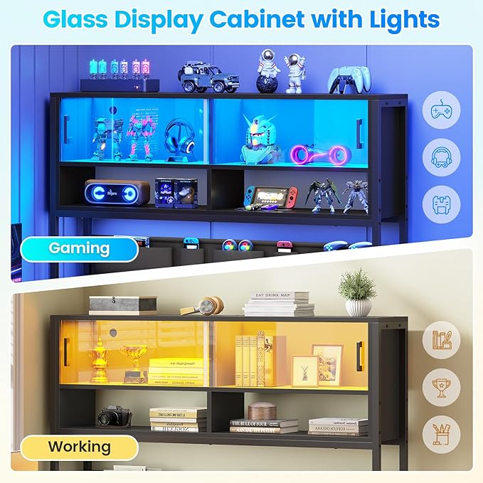 SEDETA L Shaped Gaming Desk Home Office Computer Desk with 2 Drawer and Bookshelf L Shaped Gaming Desk with LED Light Glass Cabinet and Storage Bag Corner Desk with Storage Shelves Black