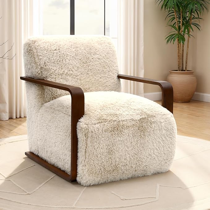 Comfortable Faux Fur Reading ChairModern Luxury Accent Chair Side Chairs with Curved Wooden Armrests for ApartmentLiving RoomOfficeStudyBeige