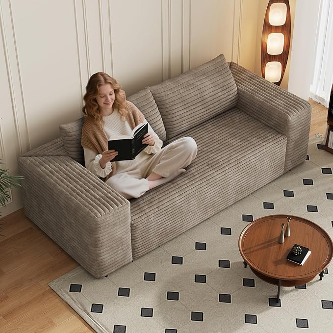 78.8 W Corduroy Boneless Couch 3-Seater Compression Sofa with Deep Seat No Assembly Required Comfy Loveseat Sofa with 2 Pillows Sofa Couches for Living Room/Apartment (Camel 78.8 inch) | Breatha