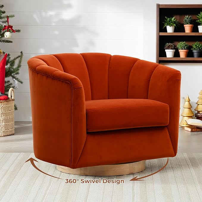 SITJOY Swivel Accent Chair Mid Century Modern Barrel Armchair with Solid Ash Wood Base Upholstered Chair for Living Room Bedroom Velvet Fabric in Burnt Orange