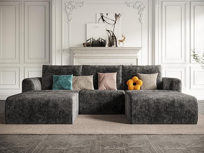 EASE MOOSE Cloud Couch Sectional Sofa Large U-Shaped Oversized Modular Couch for Living Room Minimalist Boneless Couches with Ottoman 5-Seat Deep Sofas for Bedroom Chenille (Dark Grey)