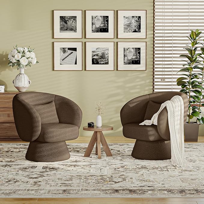 Swivel Accent Chair Modern Upholstered Barrel Chair with 360° Swivel Soft Teddy Fabric &amp Extra Lumbar Pillow Stylish Round Accent Chair for Living Room Bedroom Nursery – Brown1PC