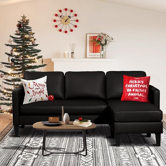 MAGIC UNION Faux Leather Convertible Sectional Couch Sofa L-Shape Sectional Sofa with Chaise Reversible 3-Seat Modern Linen Fabric Small Couches for Living RoomApartmentSmall SpaceOffice (PU Black)