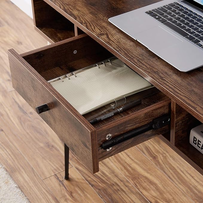 VECELO 39.3 Home Office Work Table with DrawersComputer Desk with Hairpin Leg for Writing/StudyRetro Brown
