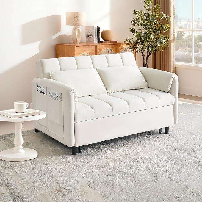 3 in 1 Convertible Sleeper Sofa Bed Modern Velvet Loveseat Pull-Out Couch w/Pullout Bed Small Love Seat Lounge Sofa w/Reclining BackrestToss Pillows Pockets for Living Room