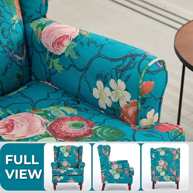 Wing Back Accent Chair Patterned Mid-Century Upholstered Linen Fabric Armchair Single Sofa with Wood Legs for Living Room Patio Cyan.