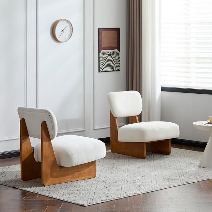 Accent Chairs Set of 2 Mid-Century Modern Chair with Polyester Upholstery Wood Base With Walnut Finish Minimalist and Stylish Accent Seating for Living Room Bedroom Balcony (Beige+Natural)