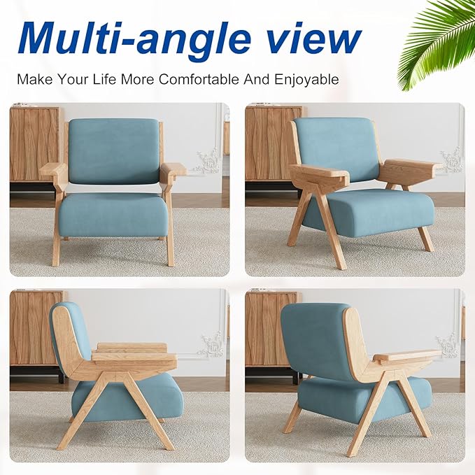 Accent Chair Mid Century Modern Chair Velvet Upholstered Lounge Arm Chair with Solid Wood Cozy Reading Chair for Living Room Bedroom Balcony (Blue Single Chair)