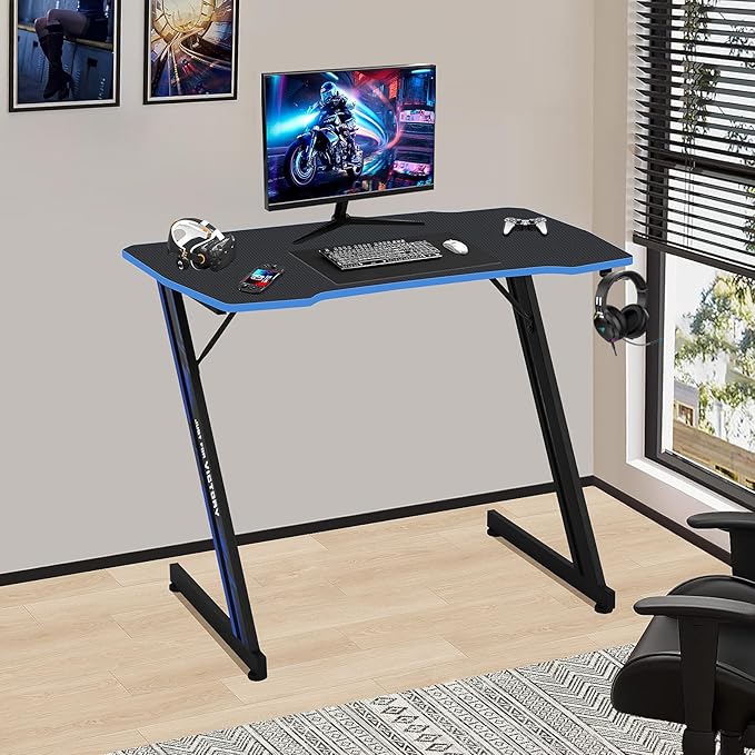 Gaming Desk 39 Inch Z-Shaped Computer Desk Modern Ergonomic PC Computer Table Home Office Desk Racing Style Gaming Workstation with Headphone Hook Blue
