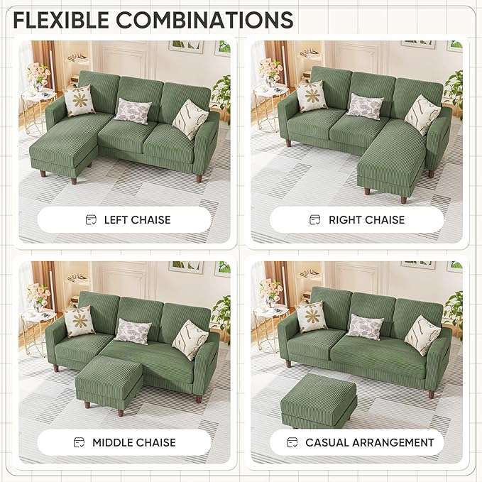 Homall Convertible Sectional Sofa 3 Seat L Shaped Couch with Side Storage Pocket Sofas with Movable Ottoman Corduroy Small Couches for Living Room &amp Apartment (Corduroy Green)