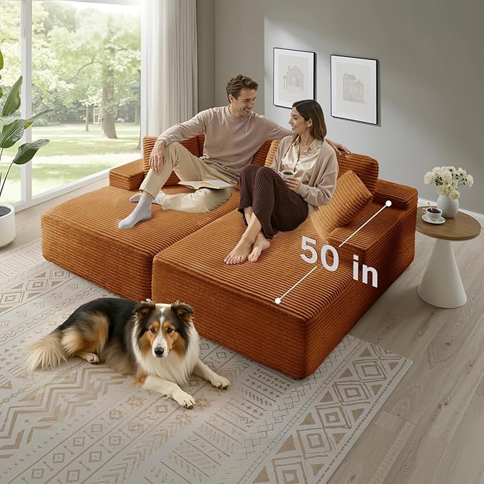 89.3” Oversized Double Chaise Lounge Indoor Orange Corduroy Chaise Lounge Chair Upholstered Sleeper Sofa Bed Deep Seat Sleeper Loveseat Reading Chairs Boneless Cloud Couch for Living Room Bedroom