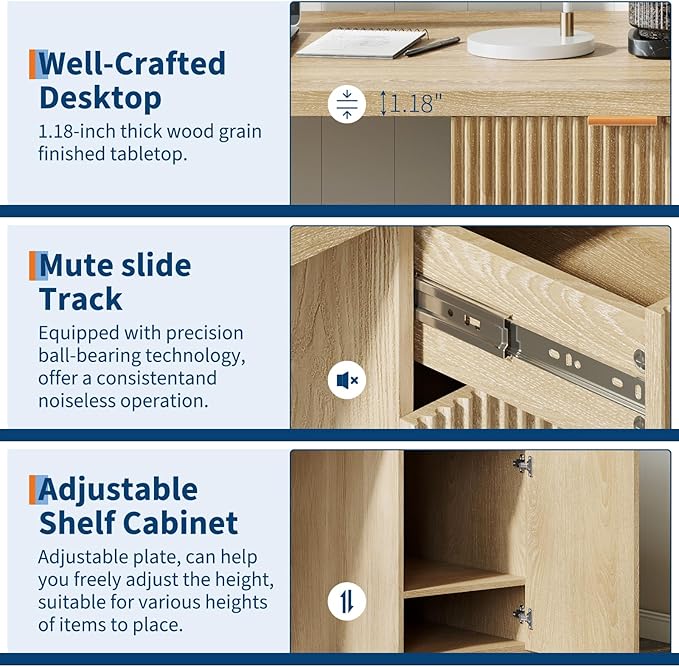 GarveeHome 60 Executive Desk with Storage Modern Home Office Desk with Drawer &amp Cabinet Wood Fluted Computer Desks Workstation Writing Conference Table for Study Living Room Bedroom Natural