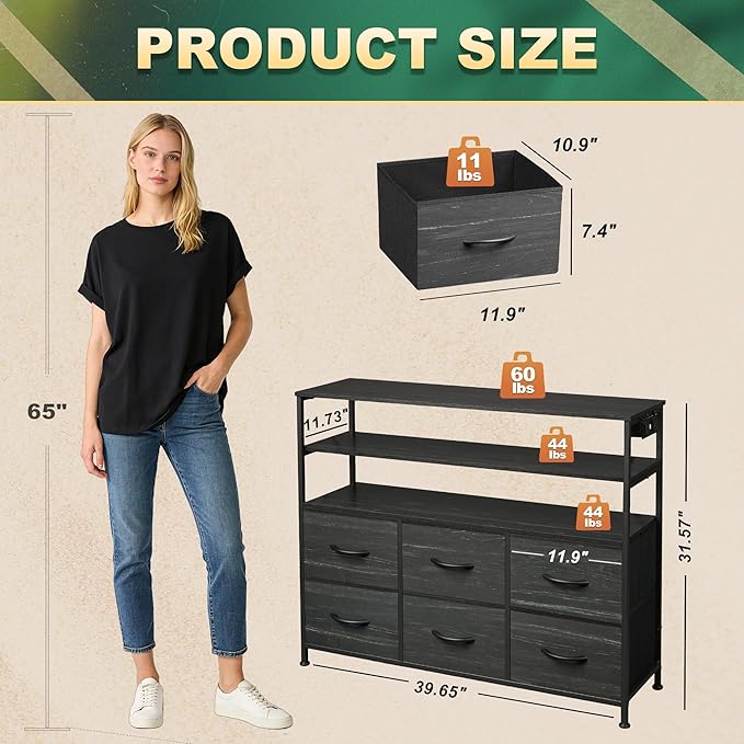 TV Stand for 40 45 inch TV Entertainment Center with LED Lights &amp Charging Station TV Media Console Table with 6 Drawers and Open Shelves for Living Room Charcoal Black Wood Grain Print