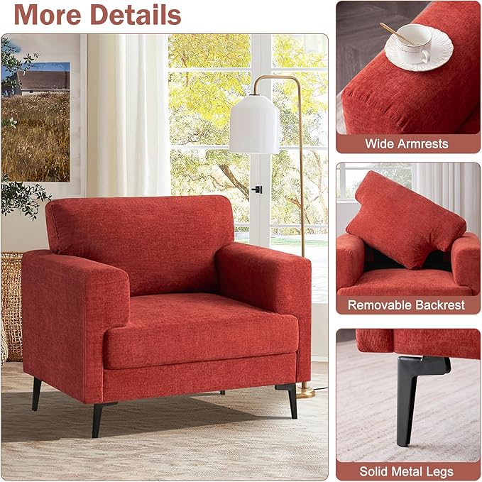 Oversized Accent Chair Upholstered Living Room Chairs Single Sofa Chair w/Metal Legs Comfy Chenill Fabric Reading Lounge Armchair for Apartment Bedroom Office Terracotta 1PC