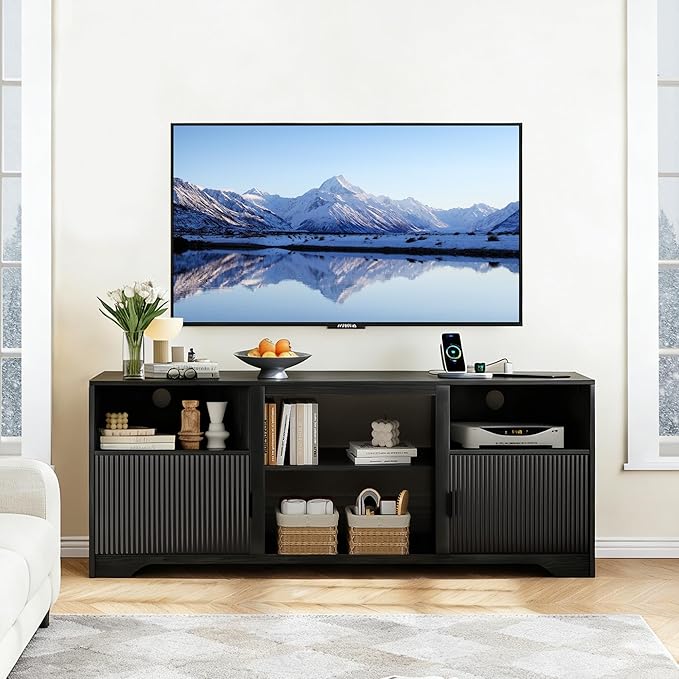 Fluted TV Stand for Tvs up to 80Mid Century Modern TV Stand with Open Adjustable ShelfEntertainment Center Wood TV Media Console with Cord Holes for Living Room Furniture BedroomBlack