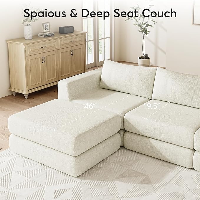 Cloud Boneless Modular Sectional Sofa 95.5 Modern Chenille Couch for Living Room Convertible Sleeper Sofa Bed Ergonomic Seating Cloud Couch Sectional No Assembly Required Beige