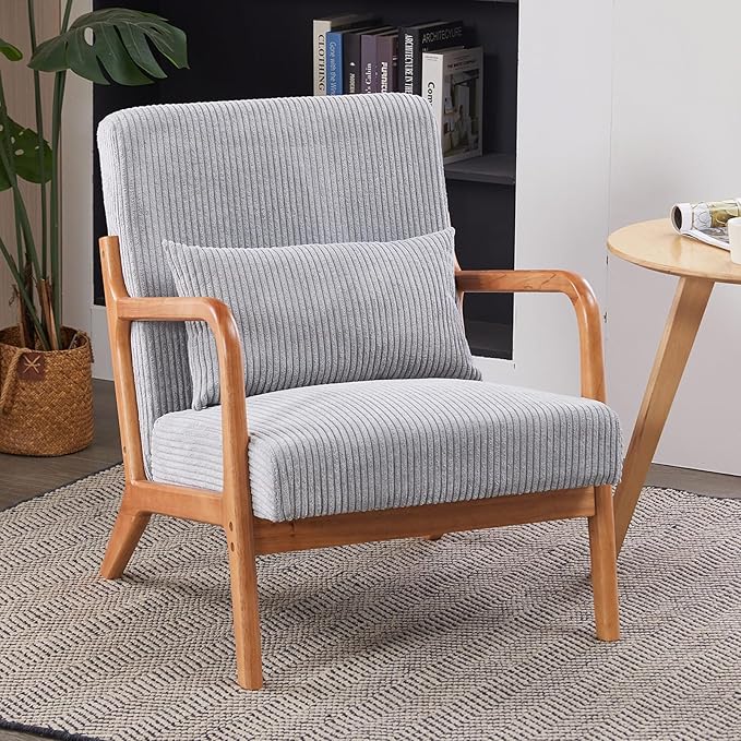 Mid Century Modern Accent Chair with Waist CushionComfy Upholstered Lounge Chair Ergonomic Reading Chair with Solid Rubberwood Frame for Living Room Bedroom (Light Grey)