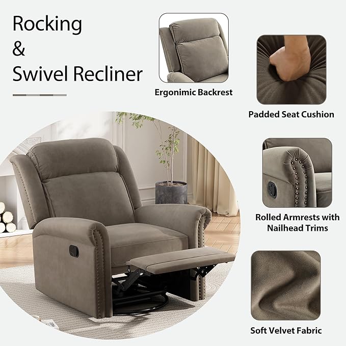 360° Swivel Recliner Chair with Adjustable Backrest Manual Rocking Recliner Home Theater Manual Recliner Chair with Metal Base and Velvet Fabric for Living Room (Light Brown 2)
