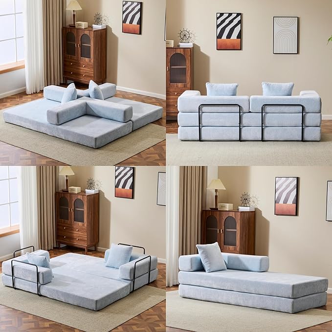 Convertible Floor Sofa Bed Fold Out Floor Couch with Pillow Back &amp Armrest Compressed Couch with Fixed-Shape Frame Chenille Foldable Sleeper Sofa Bed for Living Room Bedroom Light Blue