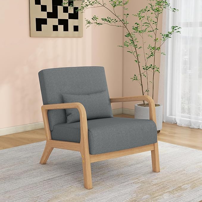 Accent Chair Mid Century Modern Armchair with Pillow Upholstered Lounge Sofa Reading Side Chair for Living Room Bedroom（Grey Set of 1