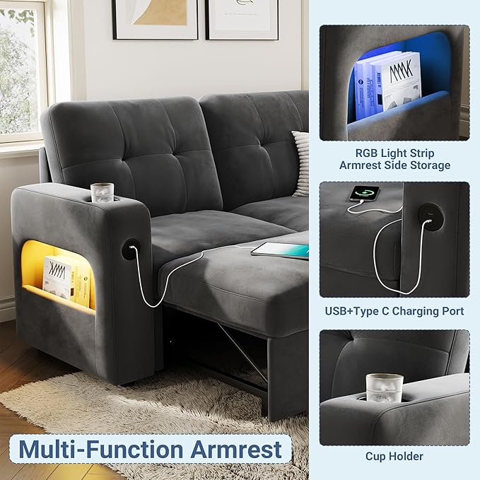 GarveeHome 84 Inch Sleeper Sofa Bed L-Shaped Sofa Convertible Pull Out Couch Bed with Storage Charging Station LED Lights Modern Sectional Sofa for Living Room Apartment Velvet Dark Grey
