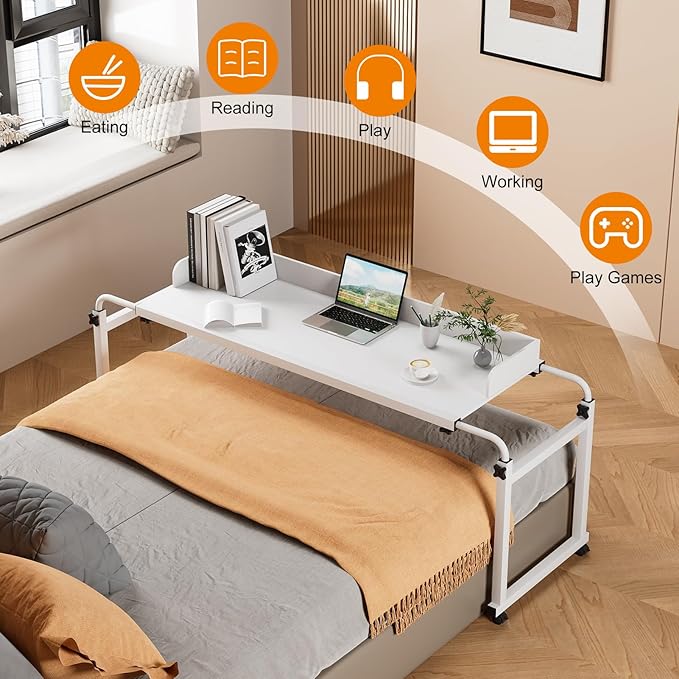 Adjustable Height Overbed Table Rolling Overbed Bedside Desk with Raised Baffle and Spacious Desktop Over BedTable with Wheels for Home Office Bedroom Hospital Use (White)