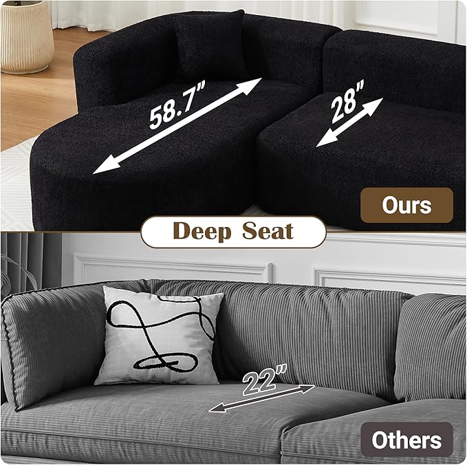 110 Inch Boneless Couches for Living Room Modern Modular Sectional Curved Sofa with Chaise Minimalist L-Shape Cloud Sectional Couch No Assembly Required (Black Left-Facing Chaise)