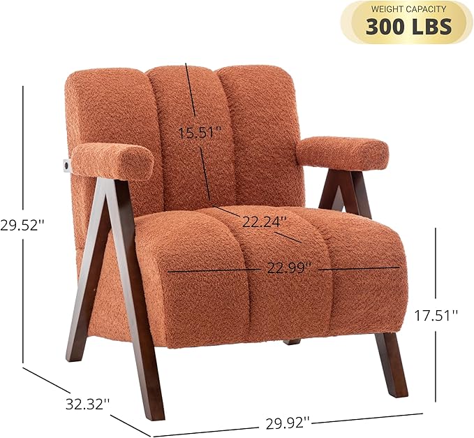 Mid Century Modern Accent Chairs Set of 2 with Solid Wood Frame Boucle Upholstered Living Room Chairs with Thick Cushion Comfy Tufted Arm Chair for Bedroom Orange