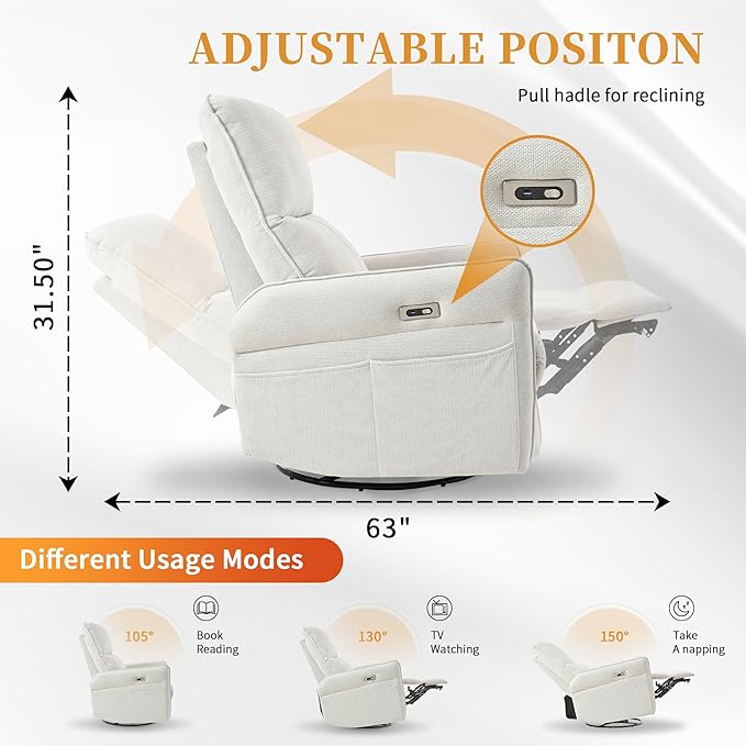 Power Swivel Rocker Recliner Chair for Nursery Upholstered Snowflake Velvet 270°Swivel Glider Rocker Chair with USB Ports Small Power Recliners for Small Spaces Living Room