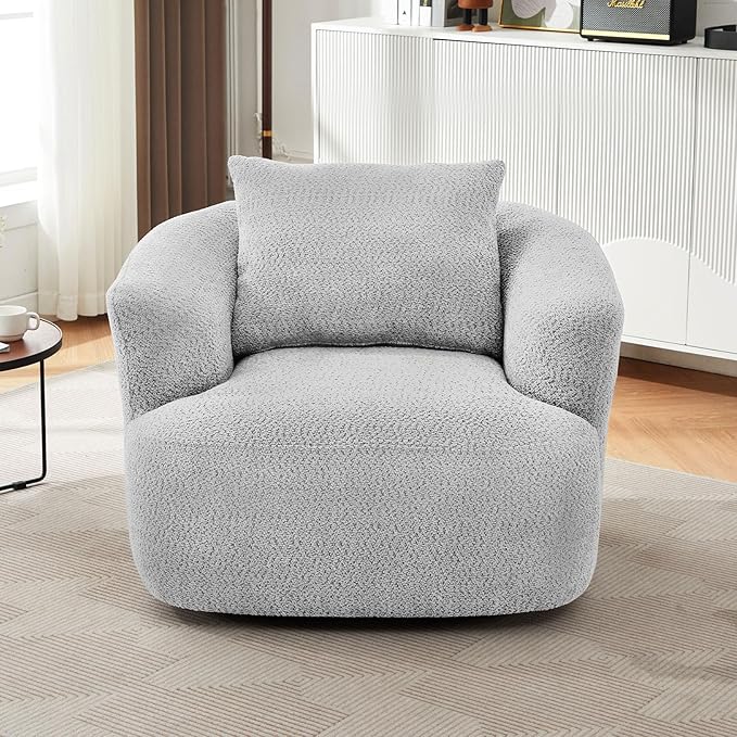 38.2 Swivel Accent Chair Boucle Green Upholstered Armchair Comfy Single Cloud Sofa Chair with Ergonomic Armrests &amp Throw Pillow for Nursery Living Room &amp Offices (Light Grey)