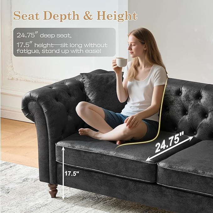 Mid Century Modern Faux Leather Couch 83 Chesterfield Sofa Tufted Loveseat Sofa w/Nailhead Trim Rolled Arms Comfy Upholstered Deep Seating Settee Love Seat for Living Room Office(Black 3 Seater)