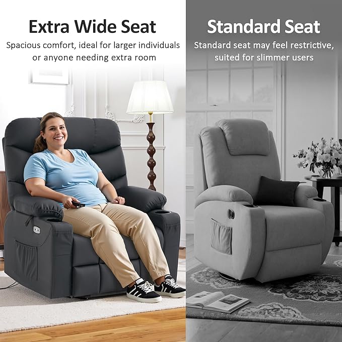 MCombo Oversized Power Lift Recliner Chair with Extended Footrest Extra Wide for Big and Tall Elderly People Faux Leather R7289 (Black Medium-Oversize)