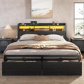 Furnulem King Bed Frame with Wood Headboard &amp Storage Drawers Metal Platform Bed Frames King Size with LED Lights Built in Charging Station No Box Spring Needed No Noise Easy Assembly Black