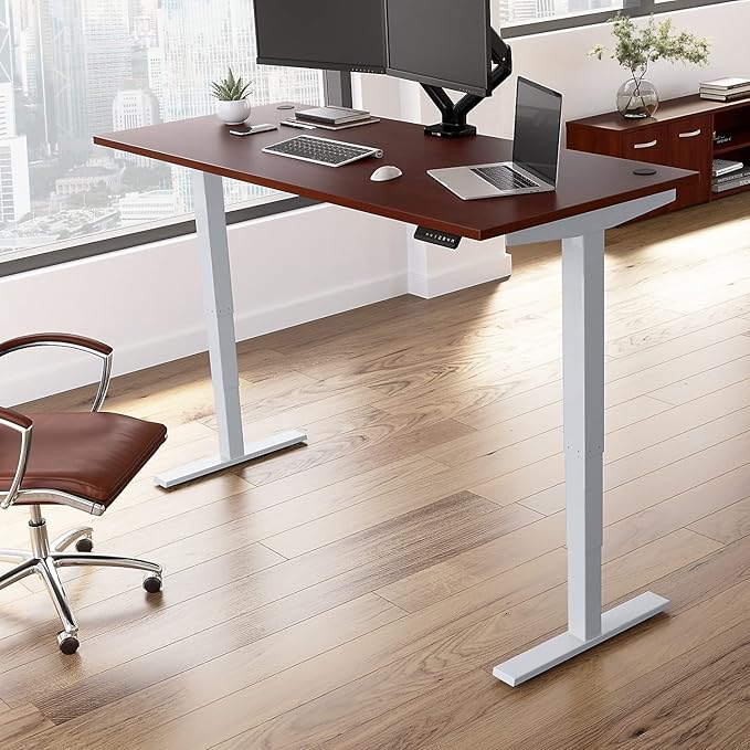 Bush Business Furniture Move 40 Series 72W x 30D Electric Height Adjustable Standing Desk in Hansen Cherry with Silver Base Ergonomic Sit-Stand Computer Table for Home and Professional Office