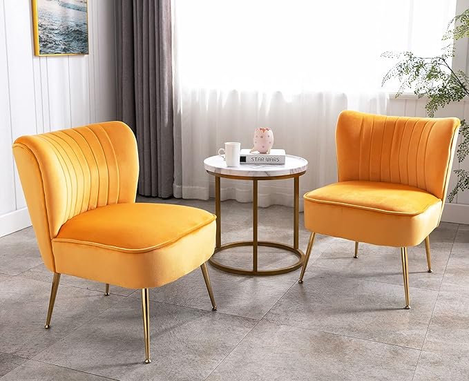 Yellow Velvet Accent Chairs Set of 2 with Golden Legs Upholstered Side Chairs Mid-Century Modern Slipper Chairs for Guest Room Comfy Armless Wingback Corner Single Sofa Living Room Chairs
