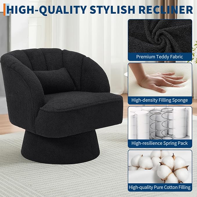 Modern 360° Swivel Barrel Accent Chair Teddy Fabric Upholstered Round Lounge Armchair with Striped Backrest &amp Plush Padding for Living Room Bedroom Reading Nook Black
