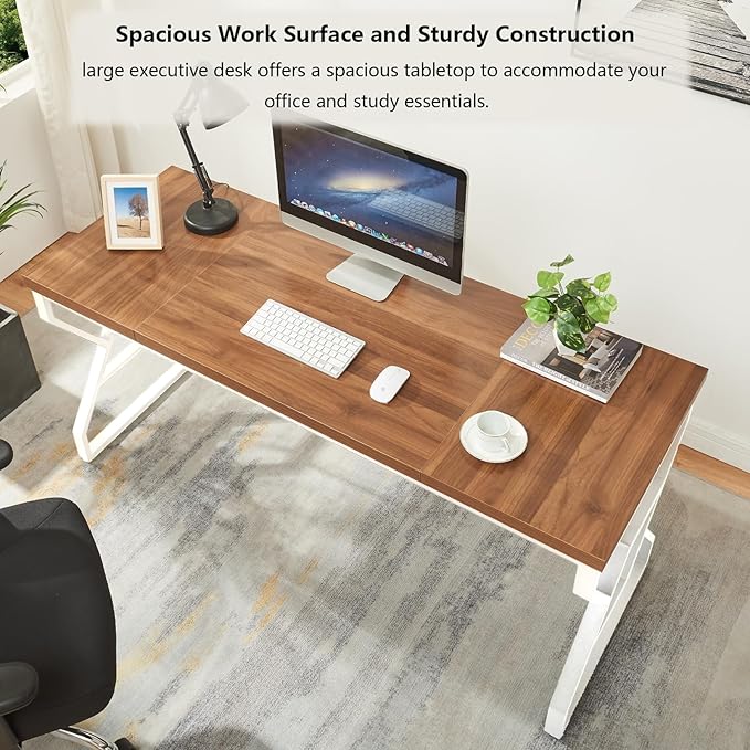 HOMISSUE 63-inch Executive Desk Large Writing Desk with Engineered Wood Tabletop and Metal Frame Rustic Home Office Desks with Sturdy Structure Long Computer Desks for Home Office Study RoomWhite