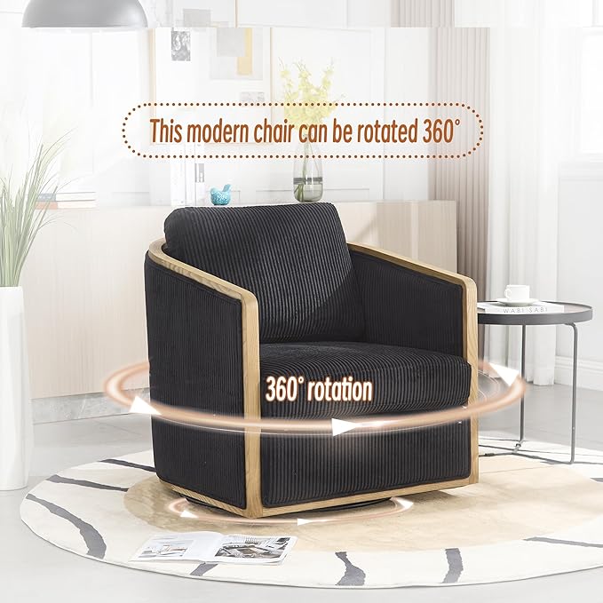 360 Degree Swivel Barrel Club Chair Comfortable Accent Sofa Chair for Living Room Leisure Armchair with Sturdy Hardwood Frame and Metal Base for Nursery Hotel Bedroom Office Lounge (Black)