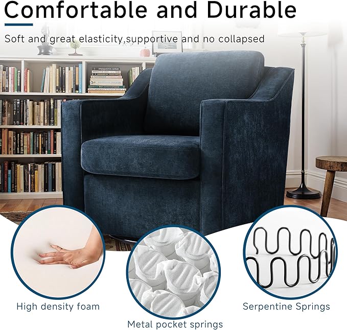 Pia Ricco 2-Pack Plush Oversized Chenille Fabric Swivel Accent Chairs with Removable Covers Living Room Reception Bundle SetGrey Blue