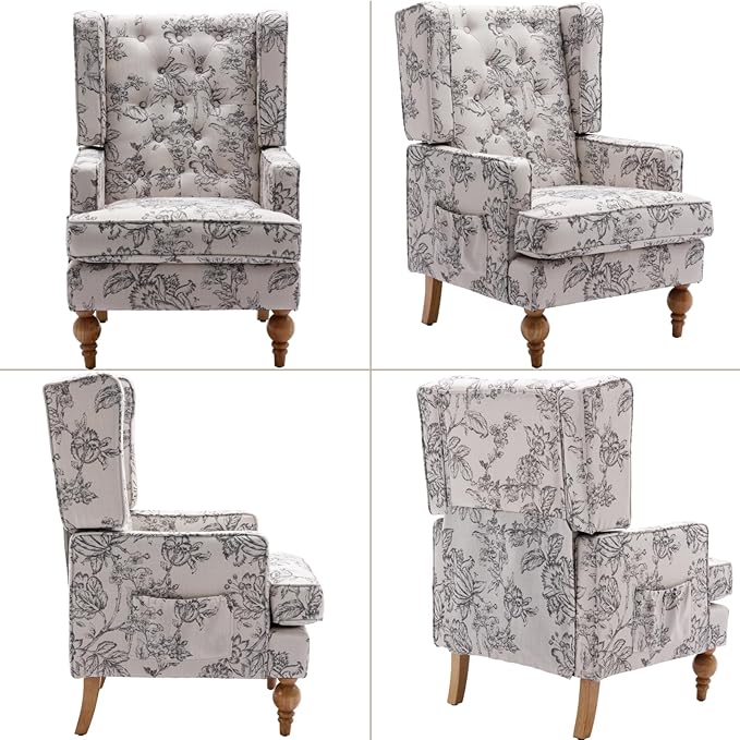 Mid-Century Accent Chair Upholstered Arm Chair Linen Fabric Side Chair with High Back Solid Wooden Legs Comfy Reading Chair for Living Room Bedroom Floral Pattern